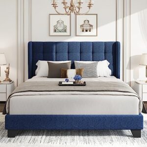 weeway queen size wingback upholstered platform bed frame with box-tufted stitched headboard and wooden slats/no box spring needed/easy assembly, dark blue