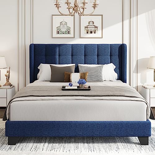 WEEWAY Queen Size Wingback Upholstered Platform Bed Frame with Box-Tufted Stitched Headboard and Wooden Slats/No Box Spring Needed/Easy Assembly, Dark Blue