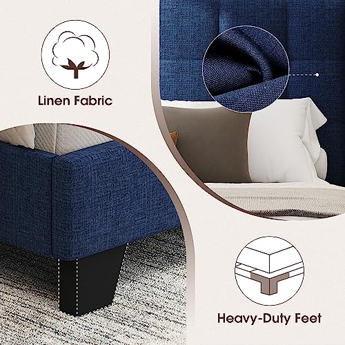 WEEWAY Queen Size Wingback Upholstered Platform Bed Frame with Box-Tufted Stitched Headboard and Wooden Slats/No Box Spring Needed/Easy Assembly, Dark Blue