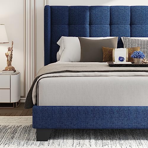 WEEWAY Queen Size Wingback Upholstered Platform Bed Frame with Box-Tufted Stitched Headboard and Wooden Slats/No Box Spring Needed/Easy Assembly, Dark Blue