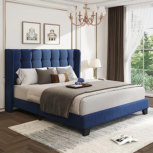 WEEWAY Queen Size Wingback Upholstered Platform Bed Frame with Box-Tufted Stitched Headboard and Wooden Slats/No Box Spring Needed/Easy Assembly, Dark Blue