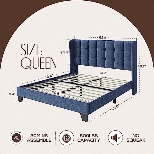 WEEWAY Queen Size Wingback Upholstered Platform Bed Frame with Box-Tufted Stitched Headboard and Wooden Slats/No Box Spring Needed/Easy Assembly, Dark Blue