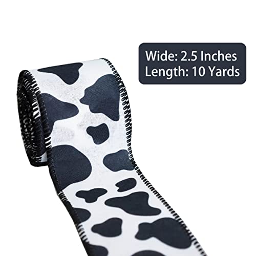 CINTAGO Cow Print Ribbon Wired, 2.5 Inches Animal Print Ribbon, Black and White Cow Ribbon for Farm Decor, Gift Wrap, DIY Craft, 10 Yards(30 Feet) (Cow)