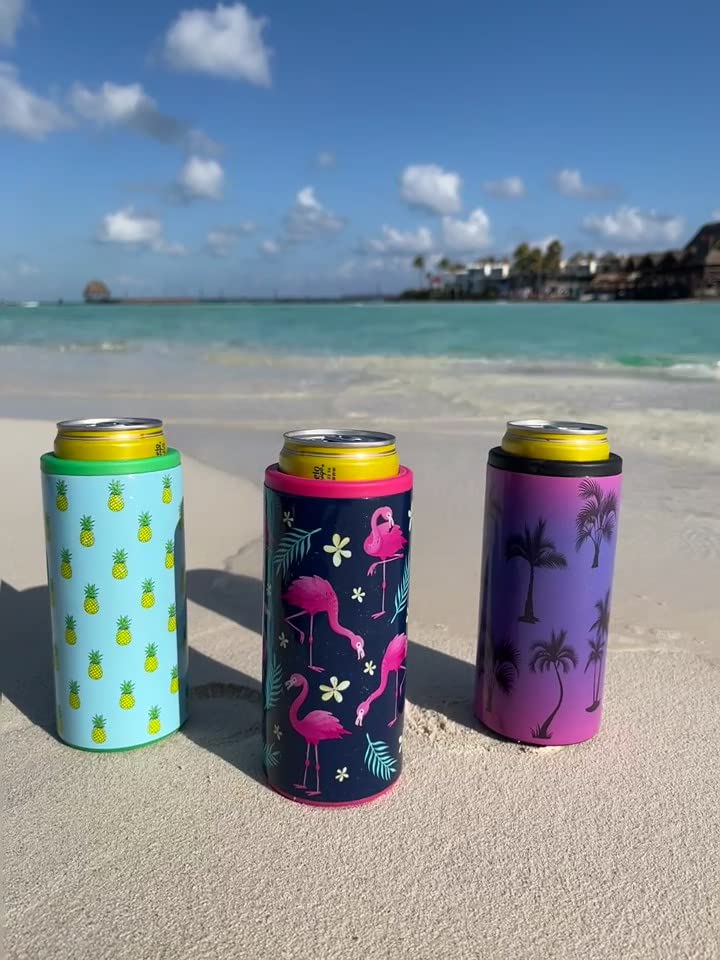 Tropical Drinkware -1 Slim Can Coozie - Insulated Slim Can Cooler for Tall Skinny Beer Cans - 12oz Truly Hard Seltzer Coozie Insulator - Metal White Claw Can Coozie