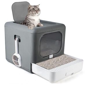 large foldable cat litter box, top entry cat litter box with cat litter scoop and filter cotton, closed smell proof anti-splashing,drawer structure kitty litter box,