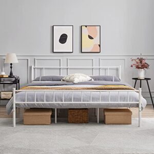 Yaheetech King Size Metal Bed Frame with Headboard and Footboard Platform Bed Frame with Storage No Box Spring Needed Mattress Foundation for Adults White