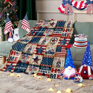 patriotic gnome blanket usa flag throw blankets retro plaid soft flannel fleece comfort blanket, check american theme 4th of july cozy warm bed cover for sofa couch chair 40x50in