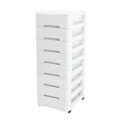 OMNISAFE 8 Plastic Drawers， White Rolling Storage Cart with Sturdy Frame， Storage Tower for Closet, Living Room, Hallway, Dormitory