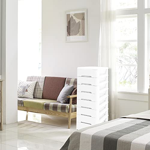 OMNISAFE 8 Plastic Drawers， White Rolling Storage Cart with Sturdy Frame， Storage Tower for Closet, Living Room, Hallway, Dormitory