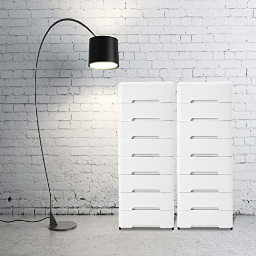 OMNISAFE 8 Plastic Drawers， White Rolling Storage Cart with Sturdy Frame， Storage Tower for Closet, Living Room, Hallway, Dormitory