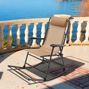 Tangkula Outdoor Folding Rocking Chair, No Assembly Required, Foldable Rocker Recliner with Headrest, Portable Lounge Chair for Camping, Patio, Lawn, Garden, Yard or Balcony Beige