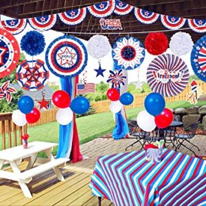 51PCS 4th/Fourth of July Decorations Set - Includes Patriotic Paper Fans,Pom Poms,Banner,Hang Swirls,Balloons - Red White Blue Memorial Day Party Decor Supplies