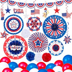 51pcs 4th/fourth of july decorations set - includes patriotic paper fans,pom poms,banner,hang swirls,balloons - red white blue memorial day party decor supplies