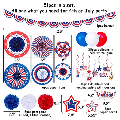 51PCS 4th/Fourth of July Decorations Set - Includes Patriotic Paper Fans,Pom Poms,Banner,Hang Swirls,Balloons - Red White Blue Memorial Day Party Decor Supplies