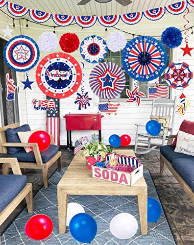 51PCS 4th/Fourth of July Decorations Set - Includes Patriotic Paper Fans,Pom Poms,Banner,Hang Swirls,Balloons - Red White Blue Memorial Day Party Decor Supplies