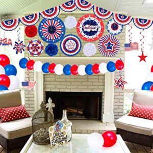 51PCS 4th/Fourth of July Decorations Set - Includes Patriotic Paper Fans,Pom Poms,Banner,Hang Swirls,Balloons - Red White Blue Memorial Day Party Decor Supplies