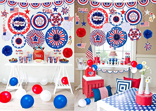 51PCS 4th/Fourth of July Decorations Set - Includes Patriotic Paper Fans,Pom Poms,Banner,Hang Swirls,Balloons - Red White Blue Memorial Day Party Decor Supplies
