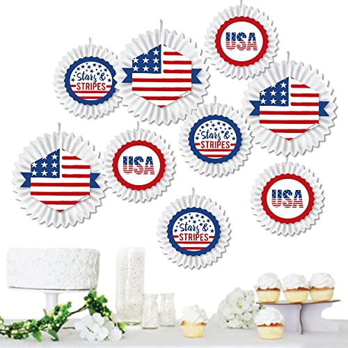 Big Dot of Happiness Stars and Stripes - Hanging Patriotic Party Tissue Decoration Kit - Paper Fans - Set of 9