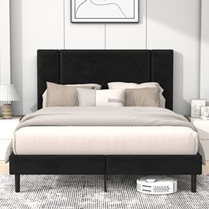 flolinda queen bed frame, upholstered bed frame queen size with tufted velvet headboard, mattress foundation, strong wood slat support double bed frame, no box spring needed, easy assembly,black