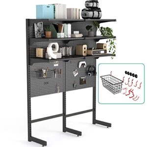 jwx ddb gaming standing shelf units, home office cabinets with metal pegboard and 15 pieces organizer tool holders