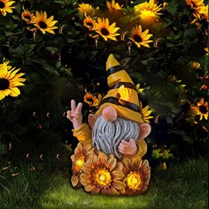 joint honglin garden gnome sculptures & statues resin summer bee gnome with sunflower, outdoor funny honey gnome decoration solar led