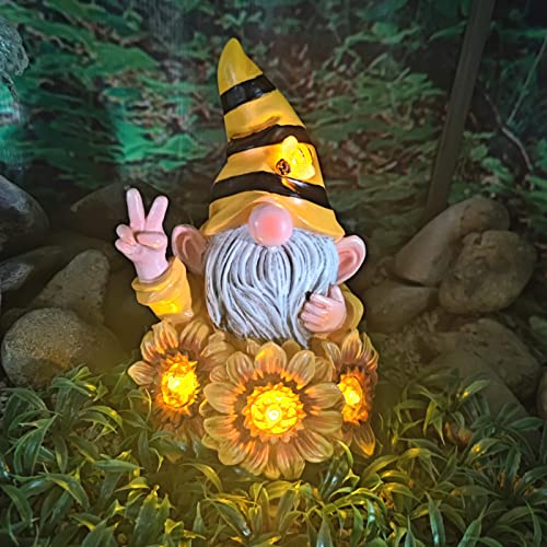 Joint Honglin Garden Gnome Sculptures & Statues Resin Summer Bee Gnome with Sunflower, Outdoor Funny Honey Gnome Decoration Solar LED