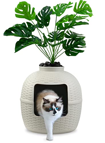 keygarzone Plant Litter Box with Lid, Hidden Cat Litter Furniture with Rattan Pattern for Large Cat, PP Material Waterproof, Easy Assemble & Clean