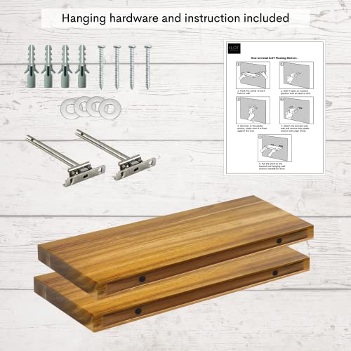 ILOT Teak Wood Floating Shelves Perfect for Bathroom Décor Pack of 2 Wooden Wall Shelves for Bedroom Living Room Kitchen Simple Minimalist Home Décor 17” x 6.7