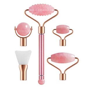 5 in 1 facial jade roller massager set-natural jade ridge roller, facial jade roller, eye roller, body roller and silicone brush. rose quartz massager for face, eye, chin, body, neck