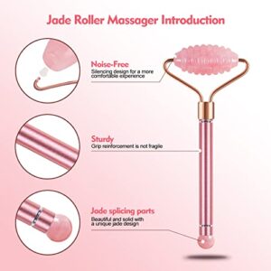 5 in 1 Facial Jade Roller Massager Set-Natural Jade Ridge Roller, Facial Jade Roller, Eye Roller, Body Roller and Silicone Brush. Rose Quartz Massager for Face, Eye, Chin, Body, Neck