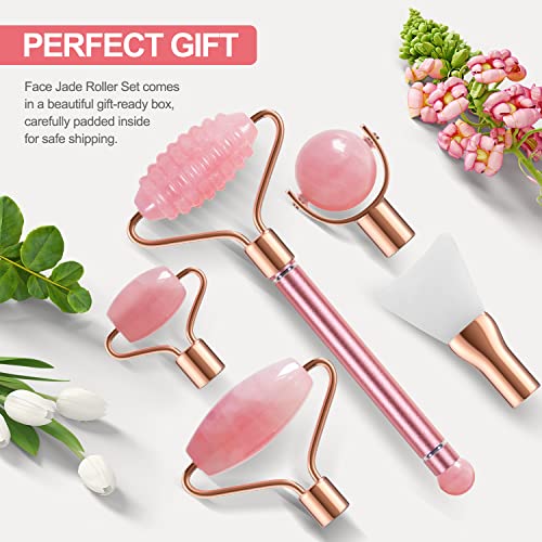 5 in 1 Facial Jade Roller Massager Set-Natural Jade Ridge Roller, Facial Jade Roller, Eye Roller, Body Roller and Silicone Brush. Rose Quartz Massager for Face, Eye, Chin, Body, Neck