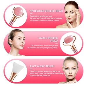 5 in 1 Facial Jade Roller Massager Set-Natural Jade Ridge Roller, Facial Jade Roller, Eye Roller, Body Roller and Silicone Brush. Rose Quartz Massager for Face, Eye, Chin, Body, Neck