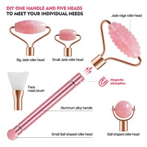 5 in 1 Facial Jade Roller Massager Set-Natural Jade Ridge Roller, Facial Jade Roller, Eye Roller, Body Roller and Silicone Brush. Rose Quartz Massager for Face, Eye, Chin, Body, Neck