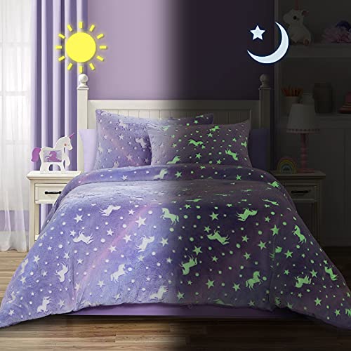 HOMBYS Glow in The Dark Comforter Set 7 Piece Full Size with Sheets, Purple Velvet Bedding Comforter Sets for Full Bed, Ultra Soft Down Alternative Comforter for Teenage Girls Kids, Bed in a Bag