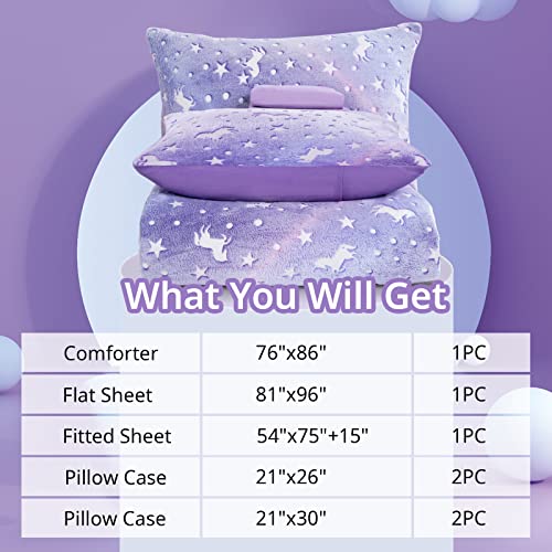 HOMBYS Glow in The Dark Comforter Set 7 Piece Full Size with Sheets, Purple Velvet Bedding Comforter Sets for Full Bed, Ultra Soft Down Alternative Comforter for Teenage Girls Kids, Bed in a Bag