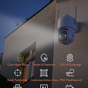 Dzees Solar Security Cameras Wireless Outdoor, 2K Battery Powered Security Camera, 360° PTZ Camera with Spotlight, Siren, Color Night Vision, AI Dectection, IP66 for Home Security, 2.4GHz