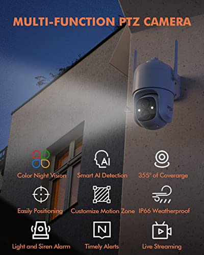 Dzees Solar Security Cameras Wireless Outdoor, 2K Battery Powered Security Camera, 360° PTZ Camera with Spotlight, Siren, Color Night Vision, AI Dectection, IP66 for Home Security, 2.4GHz