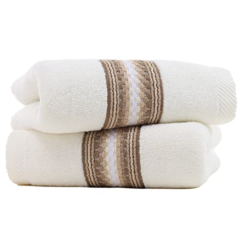 YiLUOMO Hand Towel Set of 2 Super Soft 100% Cotton Highly Absorbent Decorative Textured Striped Hand Towels for Bathroom 13 x 29 Inch (Beige)