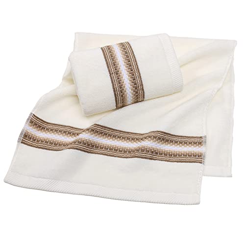 YiLUOMO Hand Towel Set of 2 Super Soft 100% Cotton Highly Absorbent Decorative Textured Striped Hand Towels for Bathroom 13 x 29 Inch (Beige)