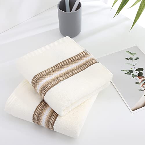 YiLUOMO Hand Towel Set of 2 Super Soft 100% Cotton Highly Absorbent Decorative Textured Striped Hand Towels for Bathroom 13 x 29 Inch (Beige)