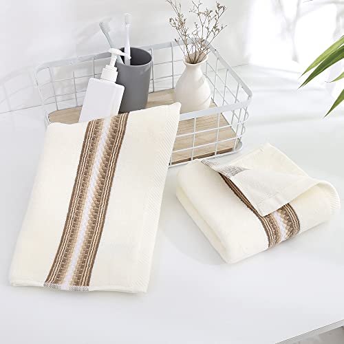 YiLUOMO Hand Towel Set of 2 Super Soft 100% Cotton Highly Absorbent Decorative Textured Striped Hand Towels for Bathroom 13 x 29 Inch (Beige)
