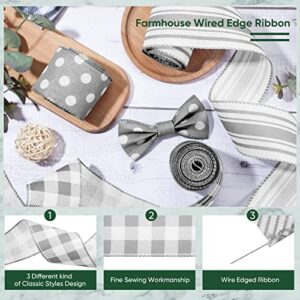 Grey Wired Edge Ribbon Plaid Ribbon 3 Rolls 2.5 Inch Farmhouse Ribbon Buffalo Check Gray Ribbon Polka Dot Striped Ribbon Buffalo Plaid Ribbon Wire Ribbon for DIY Crafts Gifts Wreath Bow, 15 Yards