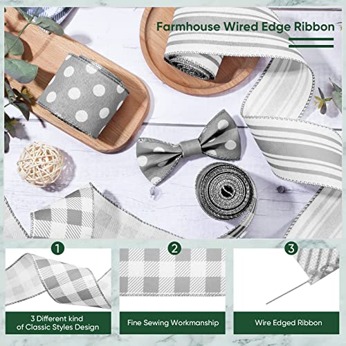 Grey Wired Edge Ribbon Plaid Ribbon 3 Rolls 2.5 Inch Farmhouse Ribbon Buffalo Check Gray Ribbon Polka Dot Striped Ribbon Buffalo Plaid Ribbon Wire Ribbon for DIY Crafts Gifts Wreath Bow, 15 Yards