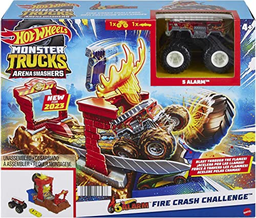 Hot Wheels Arena Smashers 5-Alarm Fire Crash Challenge Playset, 5-Alarm Toy Truck in 1:64 Scale & Crushable Car