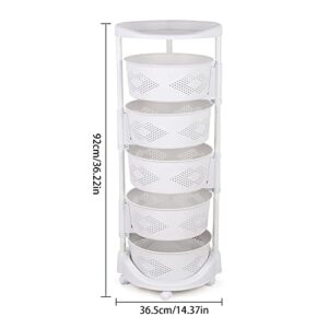 Kaibrite Rotating Kitchen Storage Rack, Multi-Layer Revolving Basket Kitchen Shelf with Wheels, for Kitchen, Bathroom, Laundry Room, Garage, White (5-Layer)