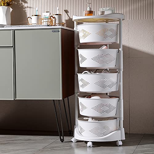 Kaibrite Rotating Kitchen Storage Rack, Multi-Layer Revolving Basket Kitchen Shelf with Wheels, for Kitchen, Bathroom, Laundry Room, Garage, White (5-Layer)