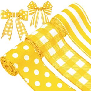 3 rolls/ 15 yards yellow burlap wired ribbons 2.5 inch plaid wrapping ribbons bow craft ribbon striped dot pattern ribbons for diy crafts bee lemon theme party summer home wreath decoration