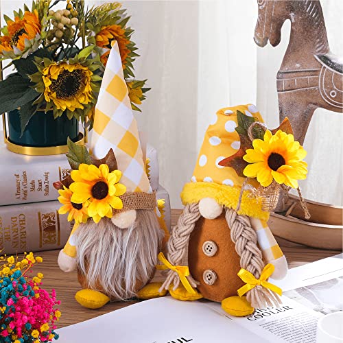 2PCS Sunflower Gnomes Plush Decorations, Summer Gnomes, Spring Gnomes, Scandinavia Honey Buffalo Plaid Sunflower Gnome Plush for Tiered Tray Kitchen Decor, Farmhouse Swedish Nisse Tomte Home Oranment