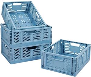 4 pack plastic folding storage shelf baskets, stackable collapsible storage crates, storage bin container with handle for home kitchen bedroom bathroom office