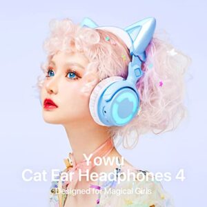 YOWU RGB Cat Ear Headphone 4, Upgraded Wireless & Wired Gaming Headset with Attachable HD Microphone -Active Noise Reduction, Dual-Channel Stereo & Customizable Lighting and Effect via APP (Blue)